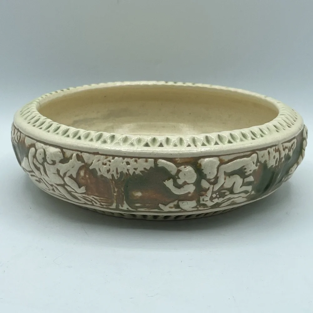 Vintage Roseville Pottery Donatello Planter,  Bowl, 1916‎ ,Cream/Green/Tan 7